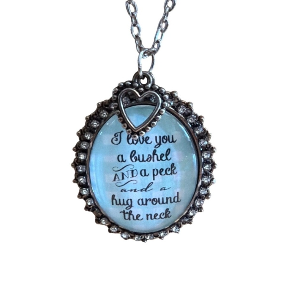 I Love You A Bushel and a Peck Silver Tone Rhinestone Heart Pendant Necklace